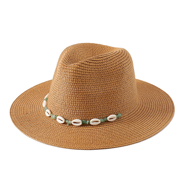 כובע פנמה עם צדפים ואבנים חום
